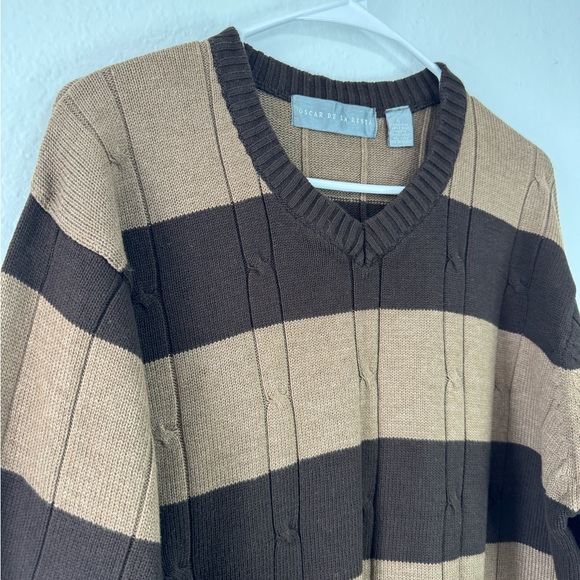 OSCAR DE LA RENTA Brown Stripe Knit Sweater L Men’s Classic Cable Pullover - Picture 6 of 9